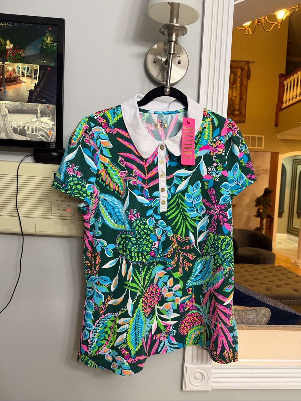 Lilly Pulitzer Green Tropical Polo with White Collar and Gold Buttons